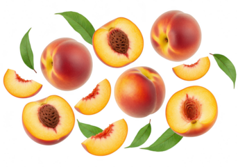 Ripe peaches and slices isolated on transparent background