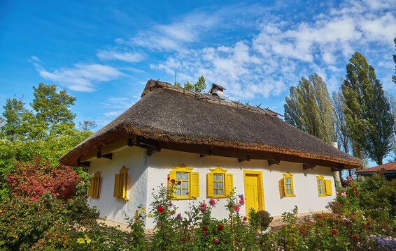 Traditional Ukrainian Whitewashed Thatched House