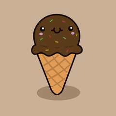 Happy Chocolate Ice Cream Cone with Colorful Toppings – Vector Illustration