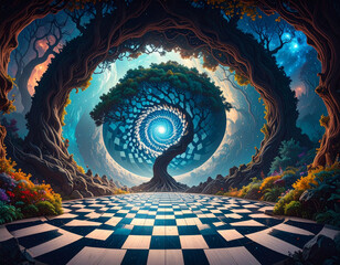 Surreal tree spirals into sky as metaphor for life on chessboard patterned ground blending nature and fantasy in vivid colors