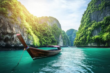Explore the stunning coastline of Phuket island with a tourist boat in the vibrant green waters, Scenic coast of Phuket island Thailand Tourist boat travels on sea