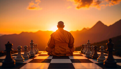 Person in orange robe sits on giant chessboard at sunset as metaphor for strategy and calm reflection in peaceful mountain setting