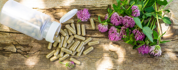 Red Clover Extract and Supplements. Selective Focus.