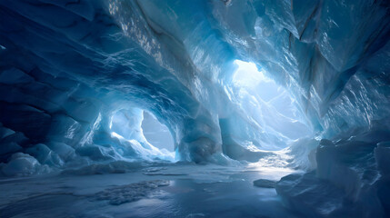 This breathtaking natural wonder captures the serene and mystical beauty of a pristine ice cavern, showcasing its unique textures and dramatic shadows.