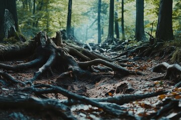 Obraz premium Roots of fallen trees create a natural landscape after a storm in a serene forest, Roots of fallen trees in the forest after a storm