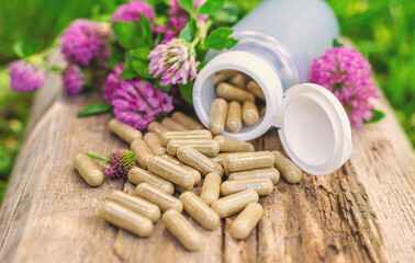 Red Clover Extract and Supplements. Selective Focus.