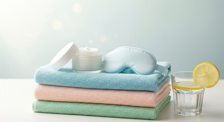 Relaxation essentials with towels, cream, eye mask, and lemon water