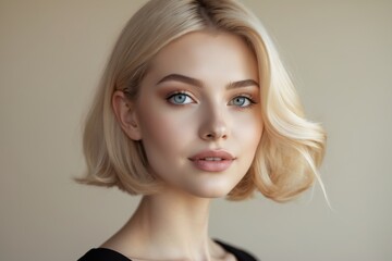 Fototapeta premium A stunning woman with blue eyes and blonde hair in a studio portrait.