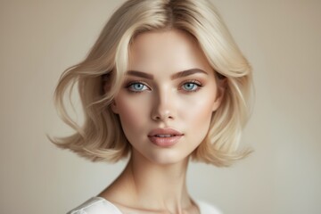 Obraz premium A beautiful woman with striking blue eyes and soft blonde hair, radiating natural beauty.
