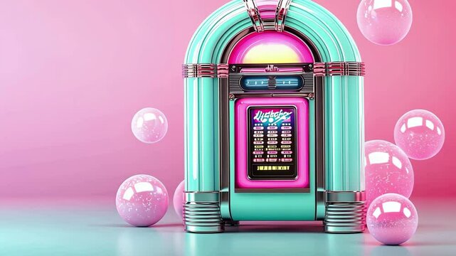 Retro jukebox surrounded by floating bubbles on pink pastel background