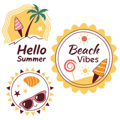 A versatile vector set of summer-themed badges and labels with phrases like 'Hello Summer' and 'Beach Vibes'. Ideal for branding, promotions, or decorative elements.