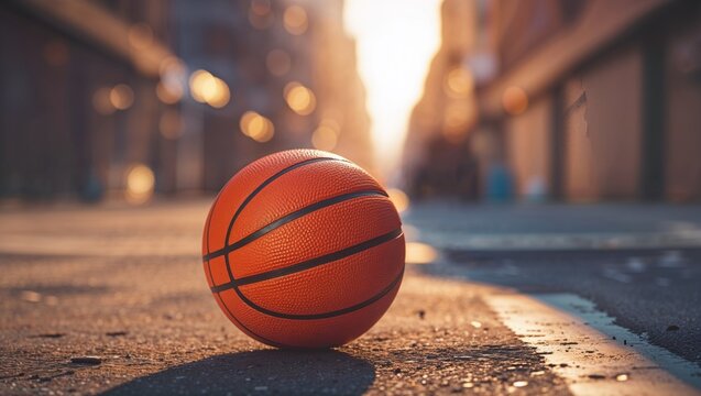 A basketball sits on a sunny city street, ready for a game, bathed in golden light.