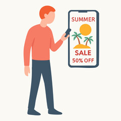 Flat Illustration Man Looking at Summer Sale Advertisement on Smartphone