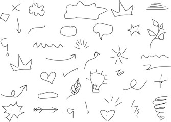 Chalk Hand Drawn Arrow and Scribble symbols, arrows, brush strokes, underlines, check marks, scribbles, frames, hearts, and stars,ideal for creative highlights, notes, school themes, and infographics
