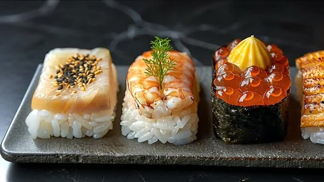 Exquisite sushi nigiri assortment on stone plate