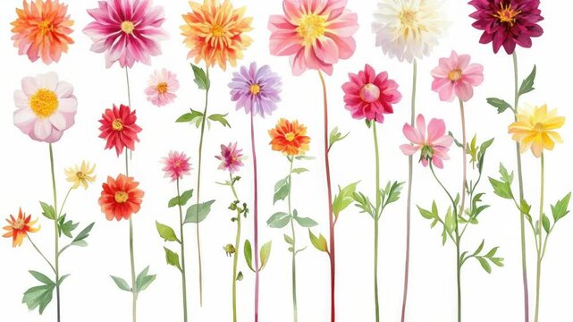 A collection of colorful flowers arranged on a white background