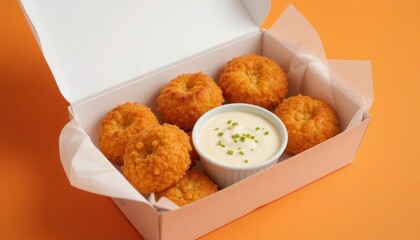 Delicious Fried Appetizers with Dip in a Takeout Box on an Orange Background