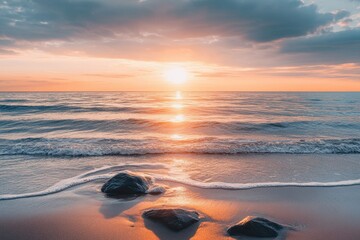 Beautiful sunset over a calm sea shore creating a tranquil atmosphere with gentle waves and smooth rocks, Sunset on sea shore beach Calm and tranquil background
