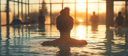 Indoor pool scene with woman swimming and others enjoying water aerobics under golden hour sunlight through large windows — wellness and fitness concept
