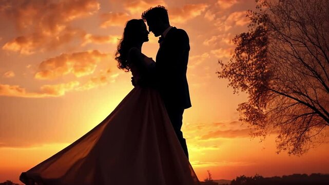 None romantic silhouette couple sunset passionate love wedding video concept  