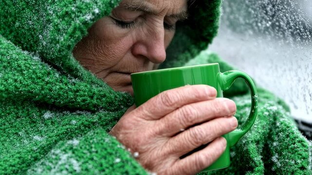 Cozy winter moments: woman enjoying warm drink inside car on rainy day