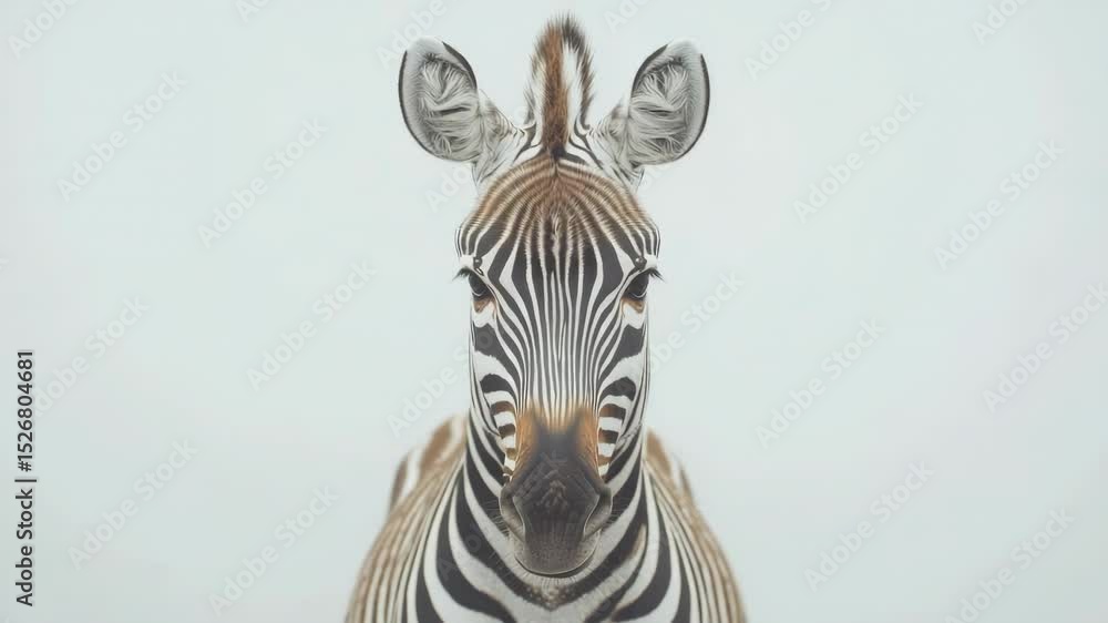 Poster a close-up view of a zebra's face, directly addressing the viewer