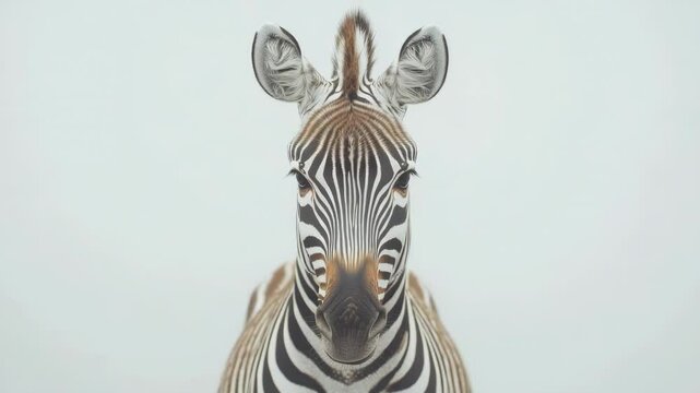 A close-up view of a zebra's face, directly addressing the viewer