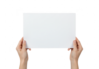 Two hands holding a blank white sheet of paper, isolated on transparent background
