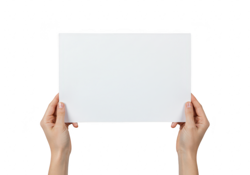 Two hands holding a blank white sheet of paper, isolated on transparent background - Powered by Adobe