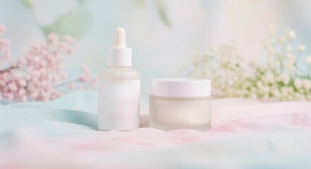 Minimalist skincare serum dropper bottle and cream jar with soft floral background