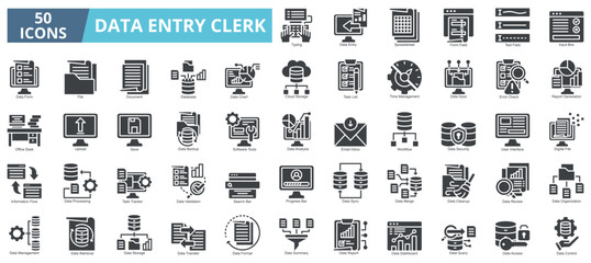 Data entry clerk icon collection set. Containing data, file, document, database, chart, cloud storage, task list, time management icon. Simple glyph vector