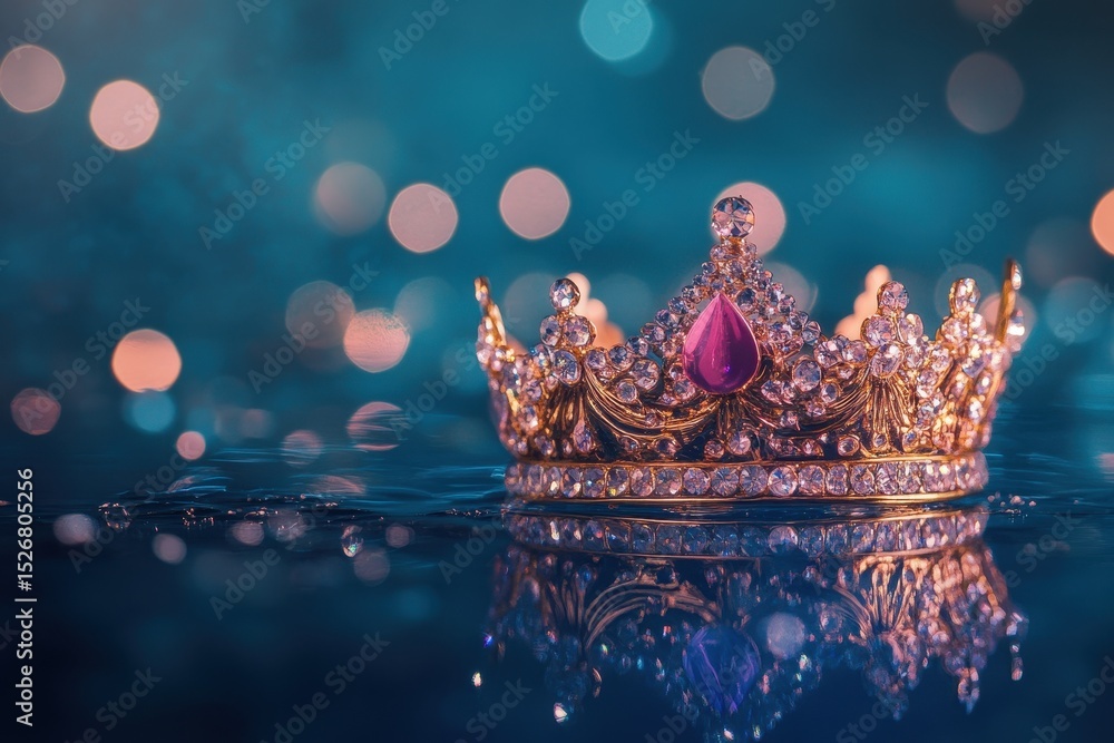Poster sparkling crown shimmering on a reflective surface with blurred blue background, sparkling crown res
