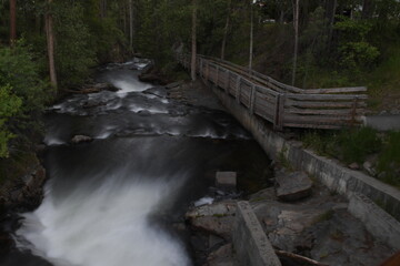 Flowing creek water looking downstream with wooden walkway on right side and green foliage on sides