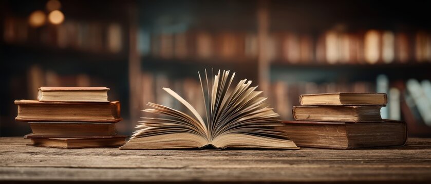 The open book surrounded by stacks of classic literature on a wooden table. - Powered by Adobe