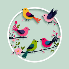 Obraz premium Colorful Paper Birds on Blossom Branches-Spring Bird Art-Nature Illustration-Cute Bird Clipart-Bird Illustration-Digital Art-Wall Art-Nursery Decor