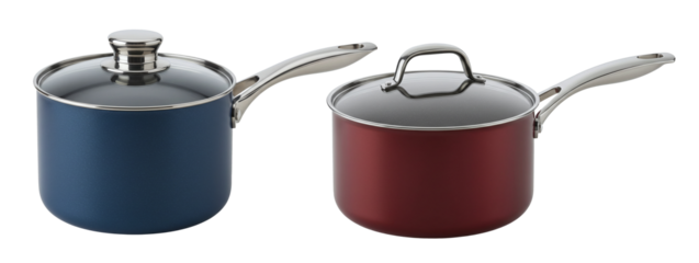 Set of two nonstick saucepans with lids for cooking isolated on a transparent background