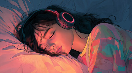Peaceful Girl Sleeping with Headphones – Listening Day Illustration