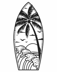Surfboard Design Palm Tree, Ocean Waves, Sunset Illustration