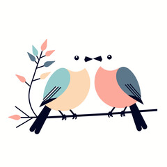 Cute Birds in Love Illustration-Pastel Colored Birds Perched on a Branch-Romantic Bird Couple Graphic-Sweet Bird Art for Valentine's Day-Perfect for Greeting Cards