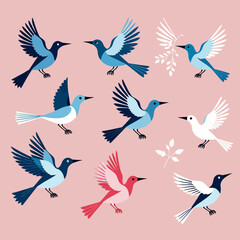 Obraz premium Cute Birds Pattern-Blue Pink White-Whimsical Flying Birds-Vector Illustration-Modern Bird Art-Textile Design-Wallpaper Background-Nursery Decor-Bird Lover Gift