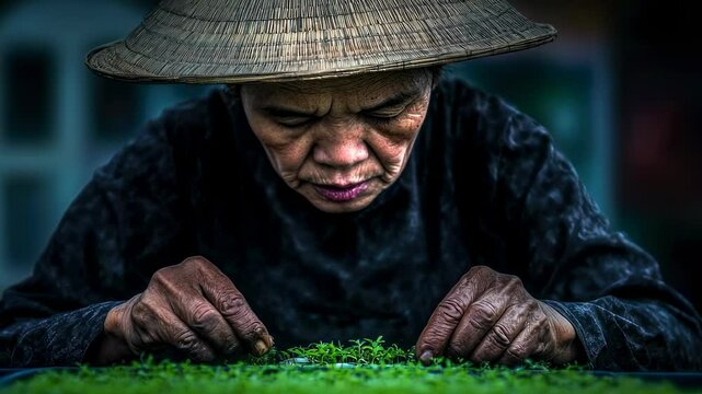 Elderly farmer carefully sorts fresh herbs in traditional vietnamese hat
