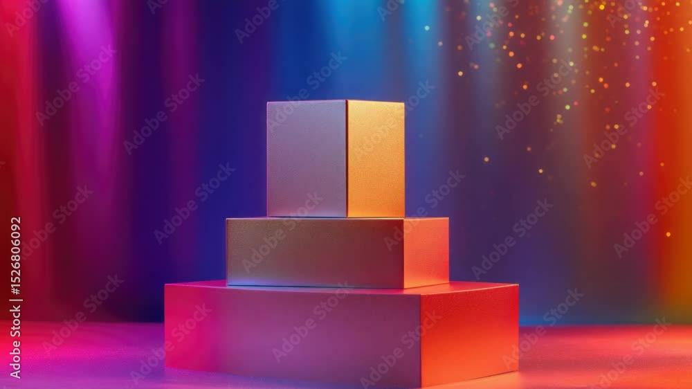 Poster three stacked boxes with colorful lights in the background