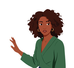 Woman with curly hair wearing green blouse raising hand in thoughtful pose vector illustration 