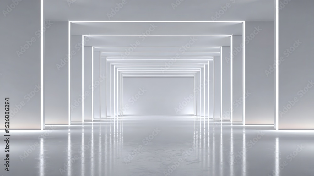 Poster sleek white corridor with luminous lines and reflective surface, generating modern technological per