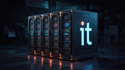 Server rack with it logo. Data center concept. Technology and information.