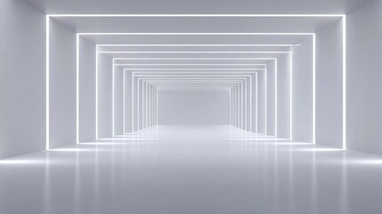 Futuristic white corridor glowing with vibrant neon lights, revealing geometric design and sleek architectural elements creating minimalist, high tech visual perspective