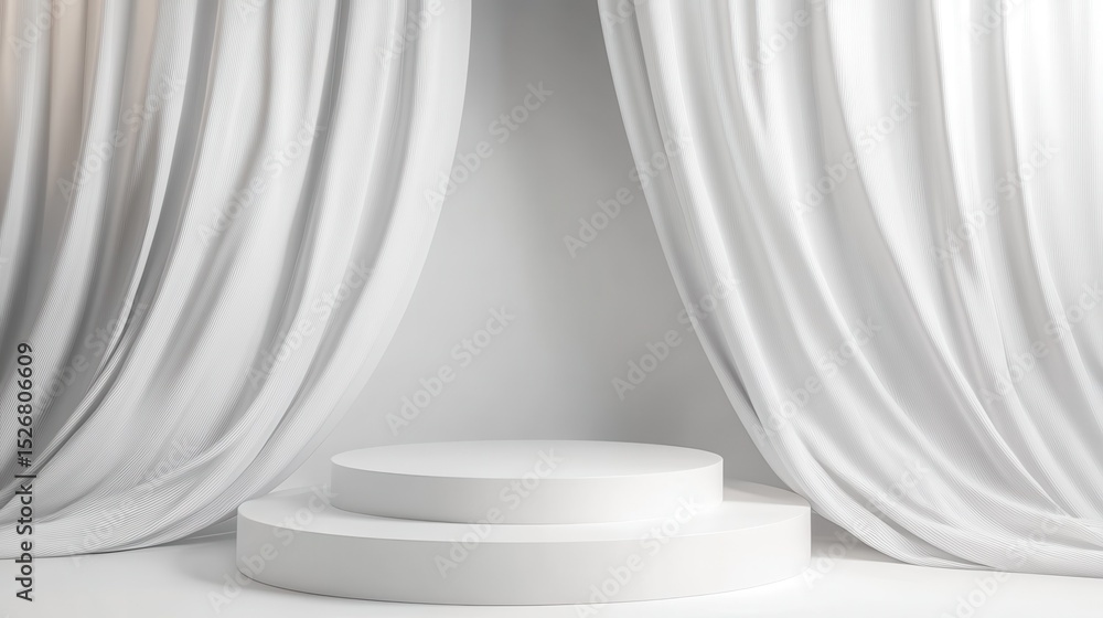Poster minimalist white podium with a backdrop of soft draping curtains, adding a layer of elegance and sof