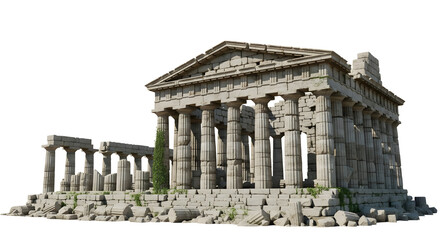 Obraz premium Majestic ancient Greek temple ruins with imposing columns and a crumbling pediment, on a transparent background
