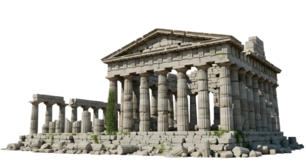 Majestic ancient Greek temple ruins with imposing columns and a crumbling pediment, on a transparent background