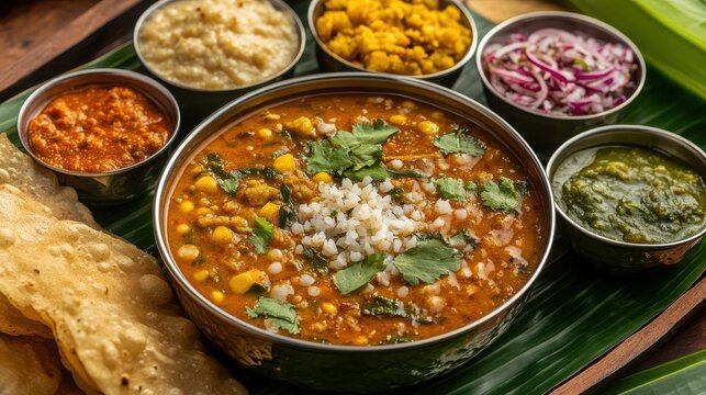 Karnataka's culinary delights with. bisi bele bath, crunchy kara boondi, Mysore Pak, South Indian dish.